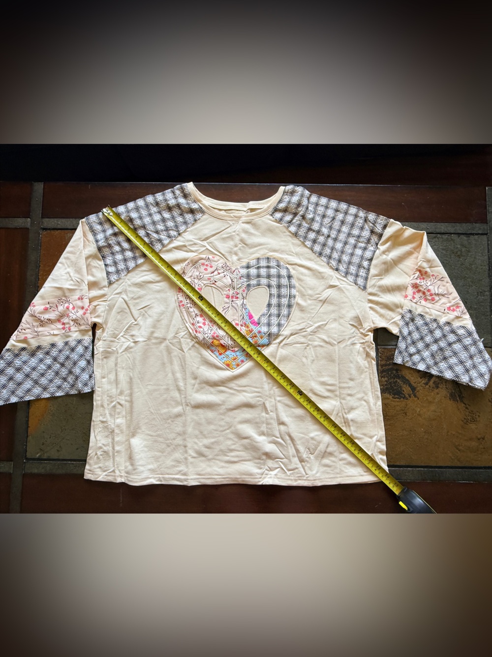 Pretzel pattern 3/4 boho cream patchwork cotton blend t shirt xl boho retro art